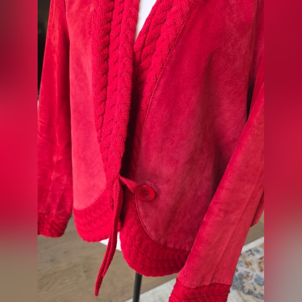 Coldwater Creek Red Suede Leather Cable Knit Jacket Size Large L - Picture 14 of 16